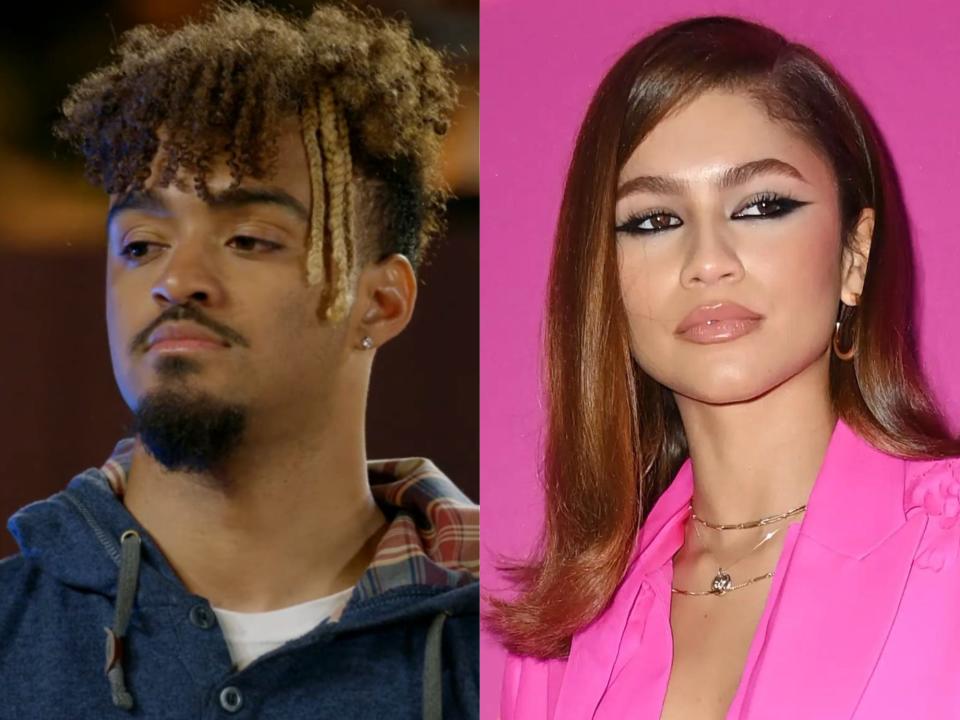 left: cubb coleman, a young man with trimmed facial hair and long hair on top; right: zendaya, in a pink suit and with straight collarbone length hair