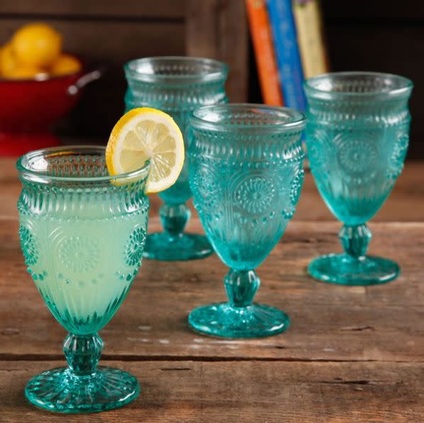 These goblet glasses feature a textured design in durable glass. Find them for $17 at <a href="https://fave.co/2ZXTqjt" target="_blank" rel="noopener noreferrer">Walmart</a>.