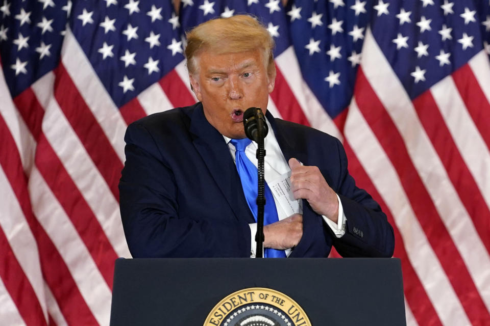 President Donald Trump speaks in the East Room of the White House, early Wednesday, Nov. 4, 2020, in Washington. (AP Photo/Evan Vucci)