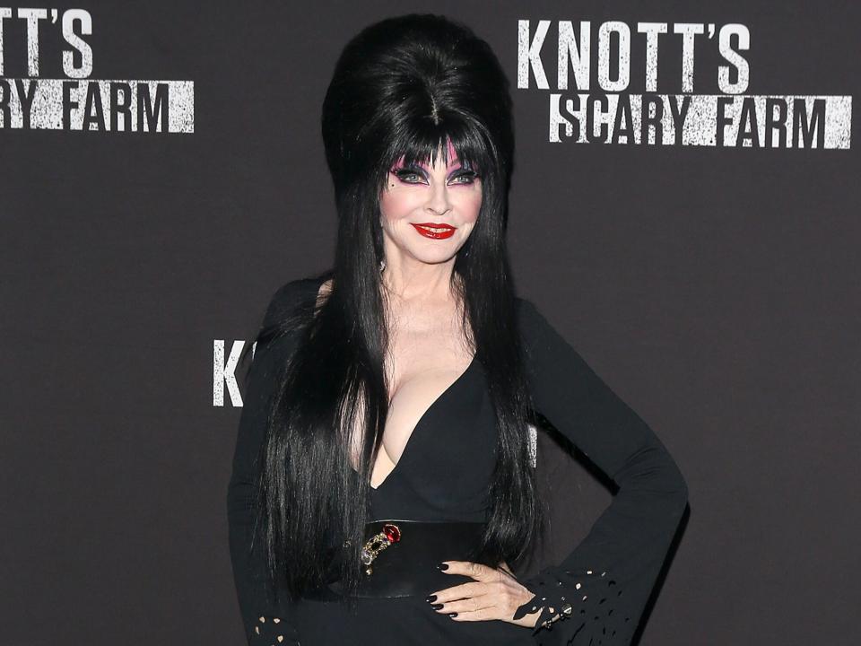 Cassandra Peterson aka Elvira: Mistress of the Dark arrives at Knott's Scary Farm and Instagram's Celebrity Night held at Knott's Berry Farm on September 29, 2017 in Buena Park, California