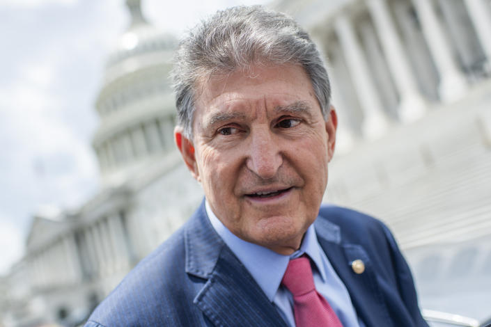 Sen. Joe Manchin, D-W.Va.,  talks with reporters after a vote in the Capitol on Thursday, June 10, 2021. (Photo By Tom Williams/CQ-Roll Call, Inc via Getty Images)