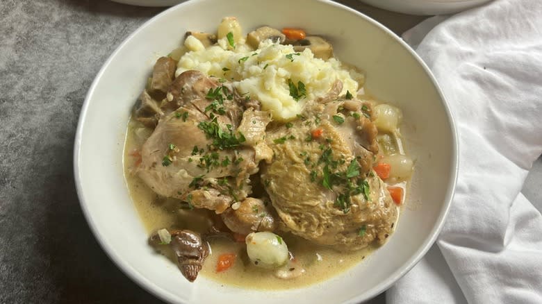 Chicken fricassee served in a bowl