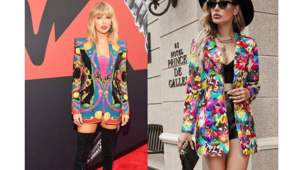 Taylor Swift in Versace blazer and model in graffiti print blazer from Shein