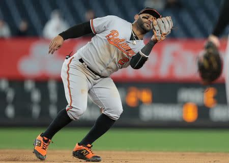 Mar 31, 2019; Bronx, NY, USA; Baltimore Orioles second baseman Jonathan Villar (2) catches the ball during the bottom of the ninth inning against the New York Yankees at Yankee Stadium. Mandatory Credit: Vincent Carchietta-USA TODAY Sports