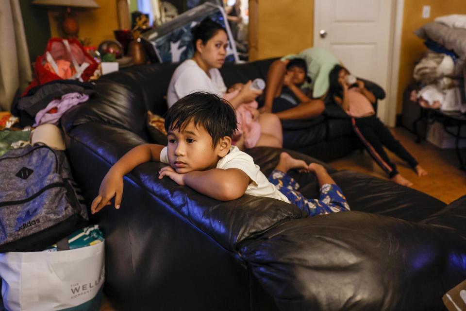 A young boy props his chin on the back of a dark brown couch, near other people