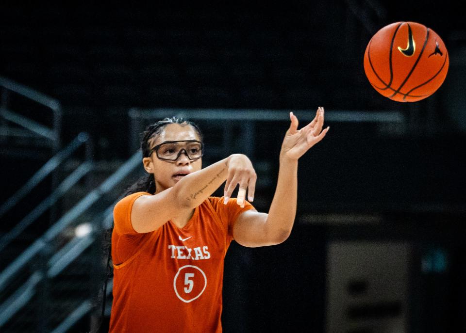 Texas Longhorns guard Laila Phelia (5) makes a pass during practice in the Moody Center, Oct. 2, 2024. The Longhorns start their season with an exhibition match against UT-Tyler on Oct. 31.