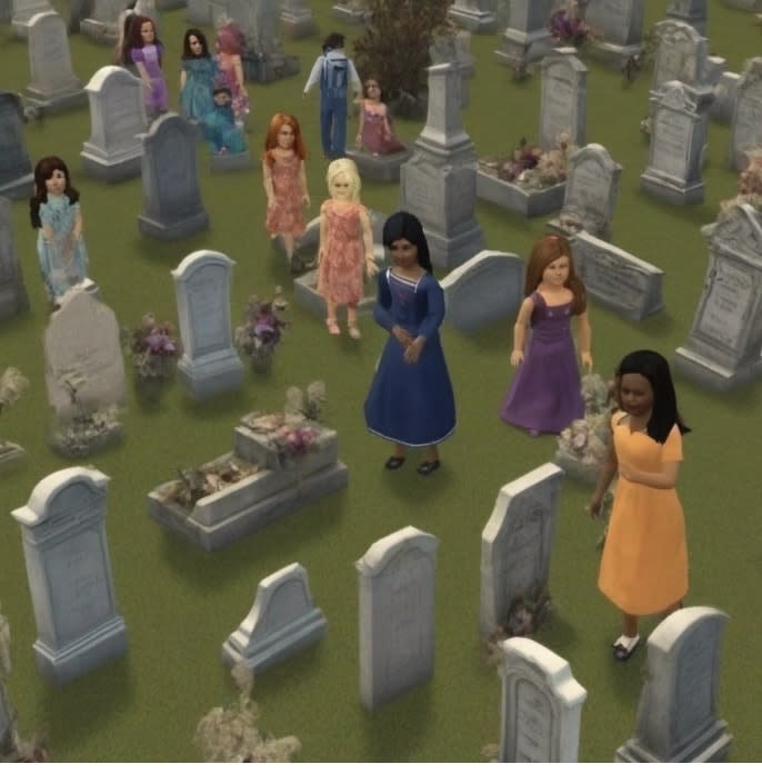 Four animated female characters in a graveyard from "The Sims" game