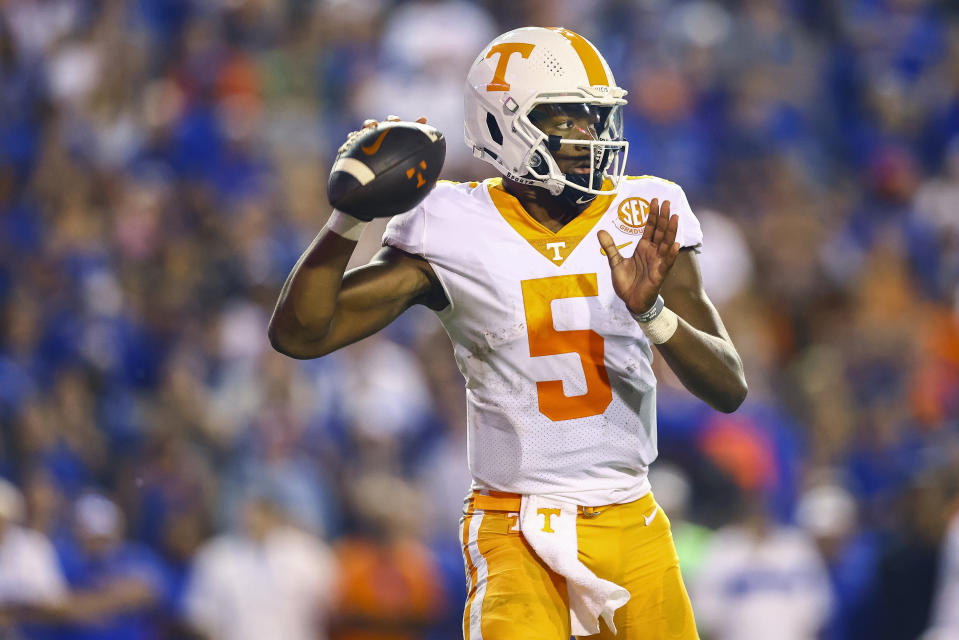 GAINESVILLE, FLORIDA - SEPTEMBER 25: Hendon Hooker #5 of the Tennessee Volunteers throws a pass during a game against the Florida Gators at Ben Hill Griffin Stadium on September 25, 2021 in Gainesville, Florida. (Photo by James Gilbert/Getty Images)