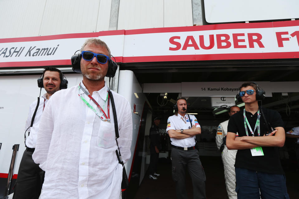 Chelsea Football Club owner and businessman Roman Abramovich is seen outside the Sauber garage before the Monaco Formula One Grand Prix at the Circuit de Monaco on May 27, 2012 in Monte Carlo, Monaco. (Mark Thompson/Getty Images)