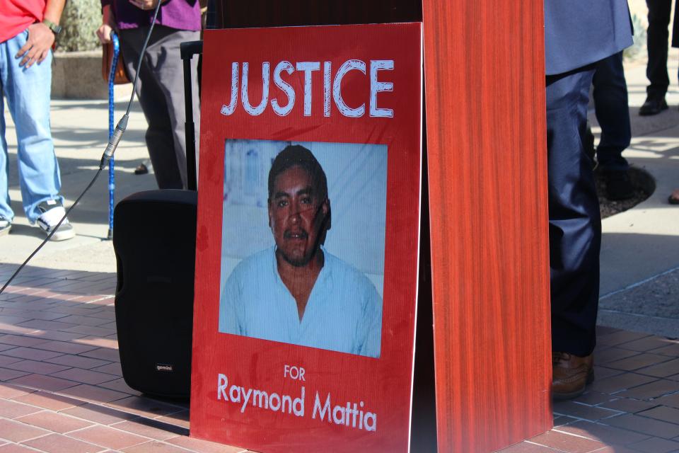 Family and friends of Raymond Mattia, the Tohono O'odham man who was shot and killed by Border Patrol agents, gather at a news conference outside of the Evo A. DeConcini Federal Courthouse in Tucson on Nov. 17, 2023.