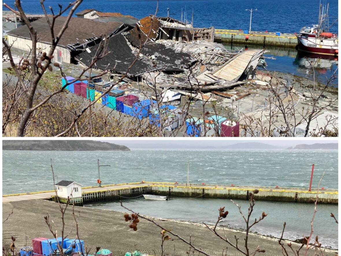 The former Admirals Beach fish plant, before and after. (Brenda Whalen McEvoy/Facebook - image credit)