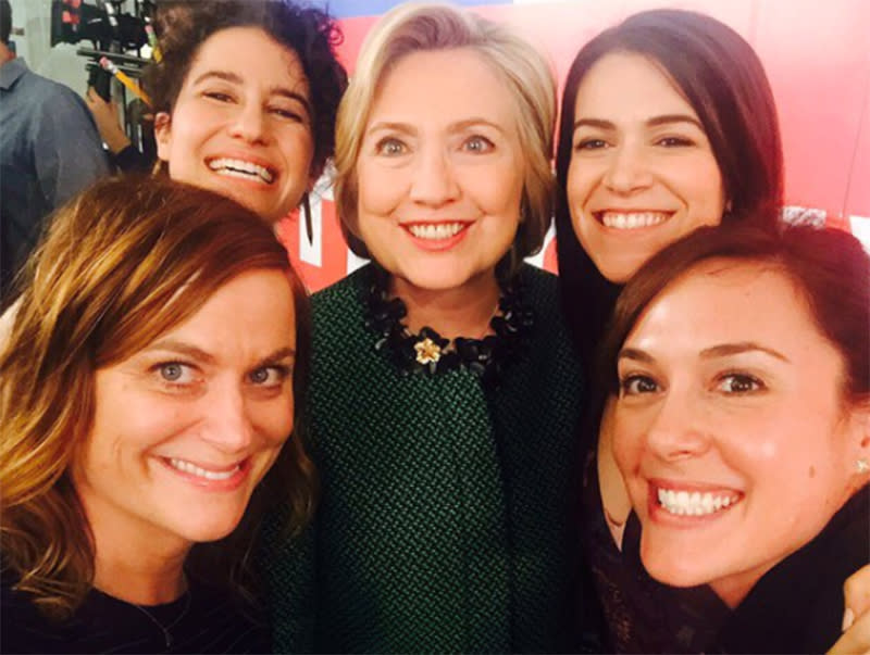 Hillary Clinton with the women behind “Broad City” and Amy Poehler