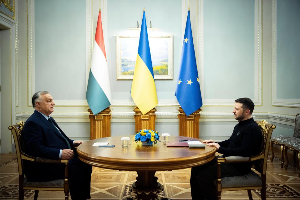 In this photo issued by the Hungarian PM's Press Office Ukrainian President Volodymyr Zelenskyy, right, and Hungarian Prime Minister Viktor Orban hold a meeting in Kyiv, Ukraine (AP)