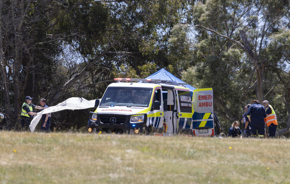 Emergency services personnel on scene at Hillcrest Primary School in Devonport, Tasmania, Thursday, December 16, 2021. 