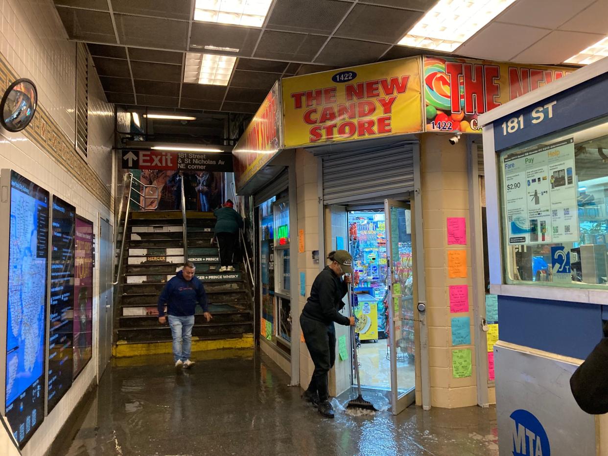 Underground in the 181st Street Station of the 1 train, floodwaters entered family-run shop The New Candy Store in Washington Heights at 3 p.m. during massive flooding in New York City on Sept. 29, 2023.