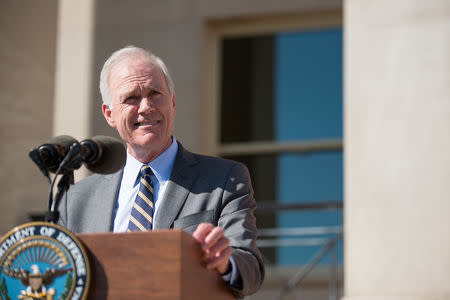 FILE PHOTO: Secretary of the Navy Richard V. Spencer speaks after being formally sworn into office by Defense Secretary Jim Mattis at the Pentagon in Washington, D.C., U.S. in this September 7, 2017 handout photo. Army Sgt. Amber I. Smith/DOD/Handout via REUTERS