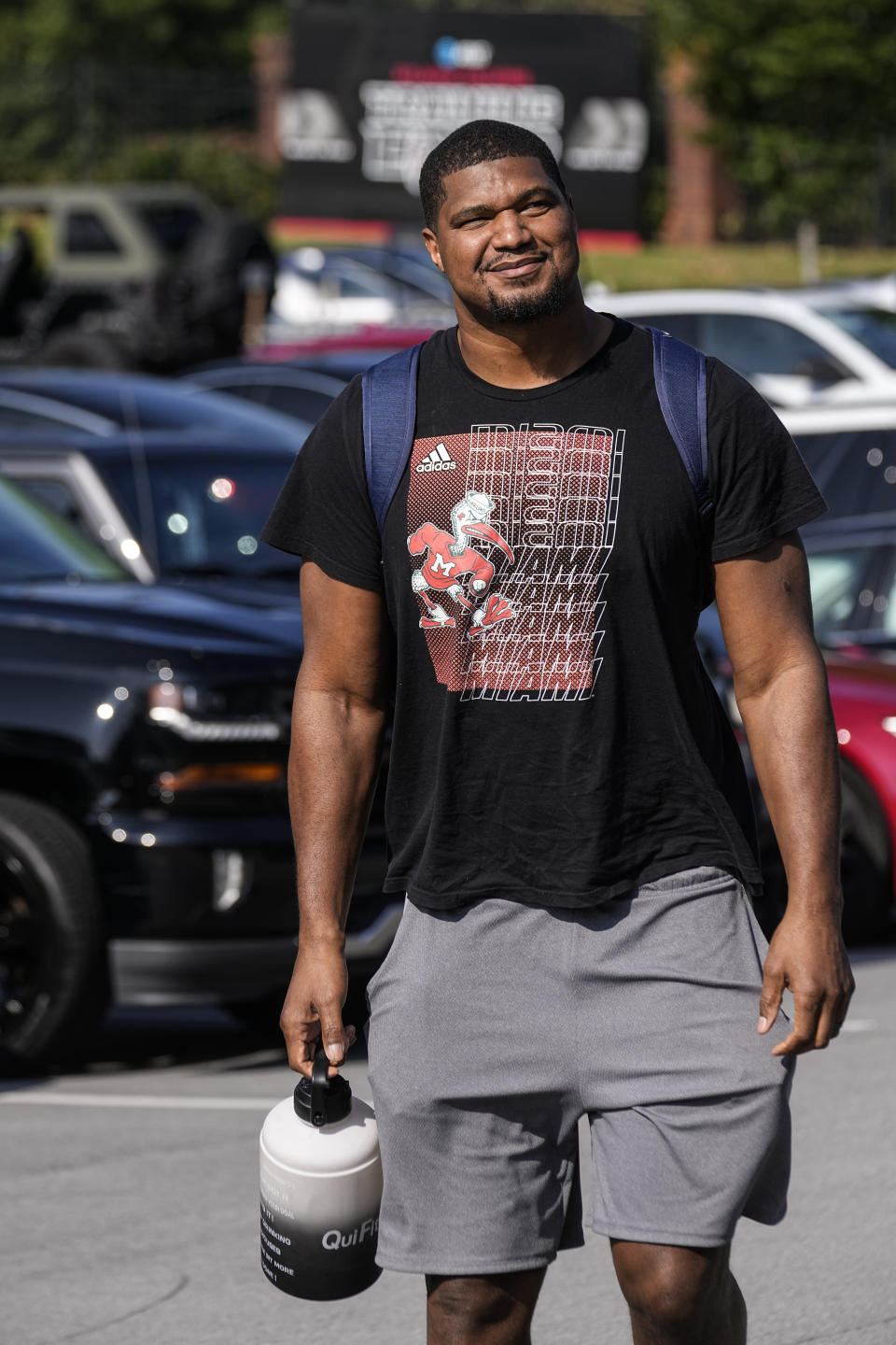 Atlanta Falcons defensive tackle Calais Campbell reports for the team's NFL football training camp Tuesday, July 25, 2023, in Flowery Branch, Ga. (AP Photo/John Bazemore)