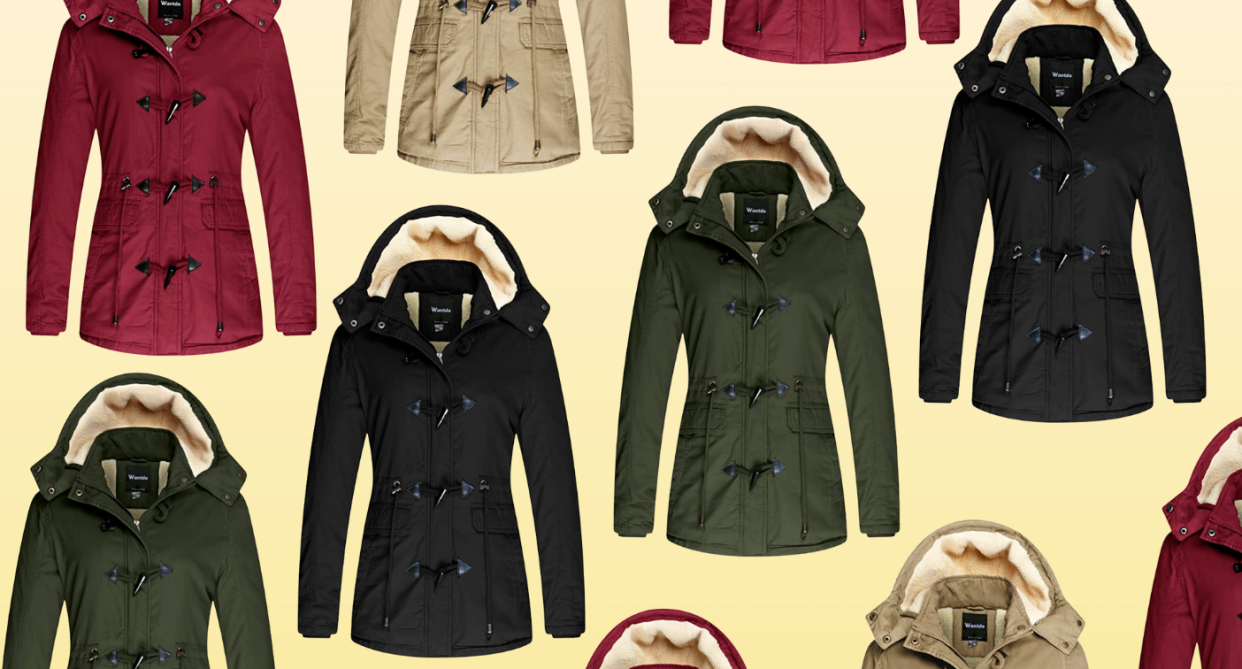 women's parka in red, green, black and beige on yellow background 