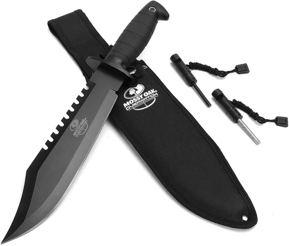 Mossy Oak Survival Hunting Knife; best fixed blade knife with sheath, sharpener and fire starter