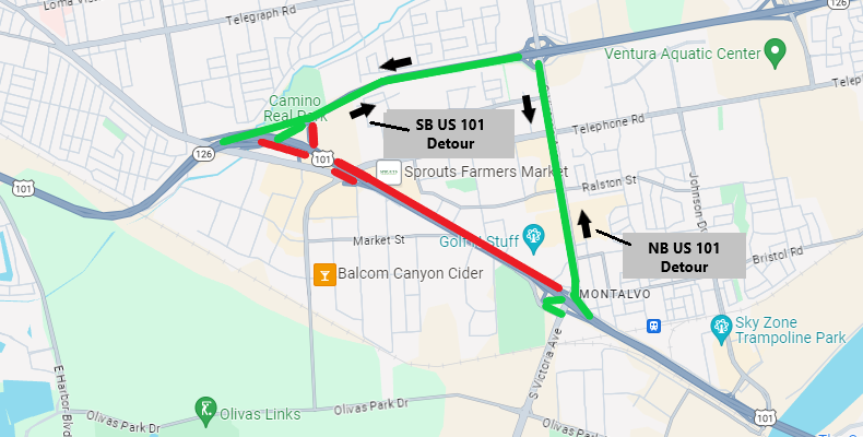 Overnight lane closures are planned on Highway 101 in Ventura on Saturday, Jan. 13, 2024, to Sunday morning.