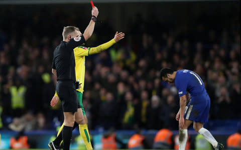 Chelsea's Pedro is shown a red card by referee Graham Scott - Credit: Action Images via Reuters