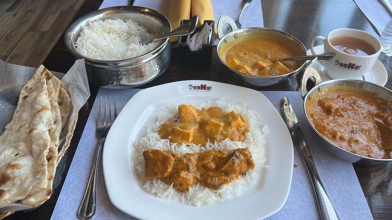 table of Indian curry and sides