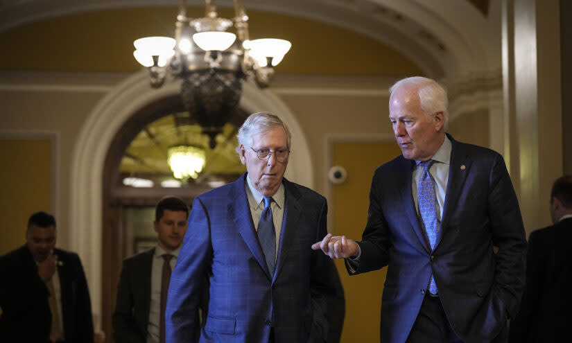 The “Civics Secures Democracy Act,” co-sponsored by Republican Sen. John Cornyn, right, stalled after Stanley Kurtz penned an op-ed in the National Review saying the bill would “allow the Biden administration to push Critical Race Theory (CRT) on every public school in the country.” (Drew Angerer/Getty Images)