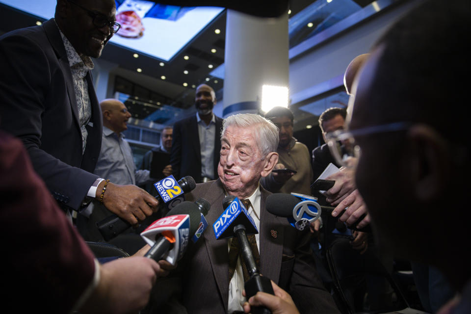 Former St. John's head coach Lou Carnesecca speaks to the media after Rick Pitino was introduced as St. John's new basketball coach during an NCAA college basketball news conference at Madison Square Garden in New York, Tuesday, March 21, 2023. (AP Photo/Corey Sipkin)