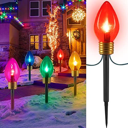 20) Jumbo C9 Christmas Lights Outdoor Decorations Lawn with Pathway Marker Stakes, 2 Pack C7 String Lights Covered Jumbo Multicolored Light Bulb, for Holiday Time Outside Yard Garden Decor, 10 Lights