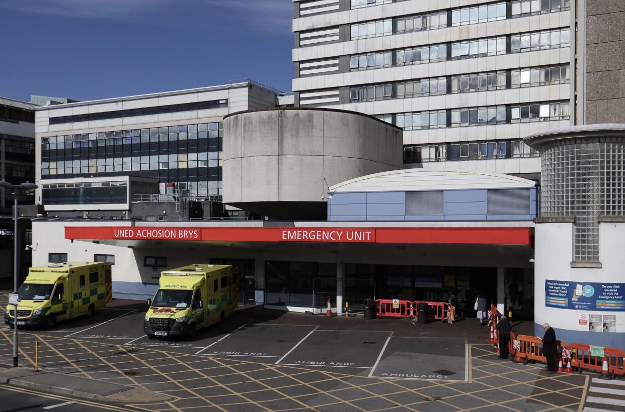 CARDIFF, WALES - OCTOBER 14:  A General view of the Emergency and Trauma unit entrance at the Heath Hospital Cardiff on October 14, at Cardiff, Wales, Coronavirus cases rise infection number increase in Wales. (Photo by Huw Fairclough/Getty Images)