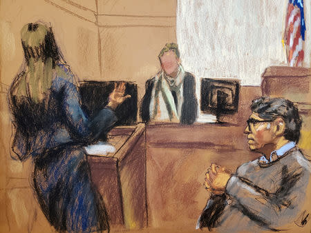 Former self-help guru Keith Raniere (R) looks on during questioning by Assistant U.S. Attorney Moira Penza (L) of a witness (victim whose likeness is not permitted to be sketched) in this courtroom sketch, at the Brooklyn Federal Courthouse in New York, U.S., May 7, 2019. REUTERS/Jane Rosenberg NO RESALES. NO ARCHIVES.