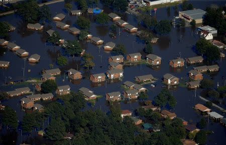 An aerial view shows a neighborhood that was flooded in Lumberton. REUTERS/Chris Keane