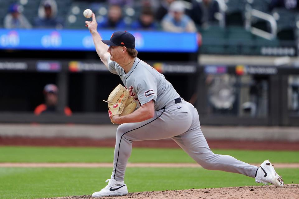 Detroit Tigers pitcher Shelby Miller delivers a pitch against the New York Mets during the tenth inning at Citi Field on Thursday, April 4, 2024 in New York.