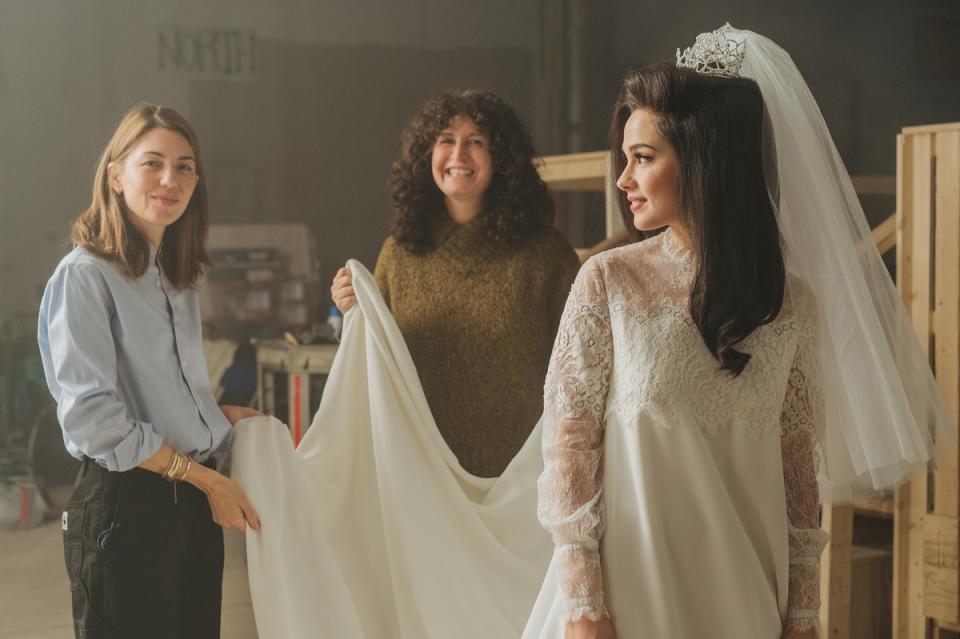 Behind the scenes: Sofia Coppola, costume designer Stacey Battat and Spaeny on the set of ‘Priscilla’ (Sabrina Lantos)