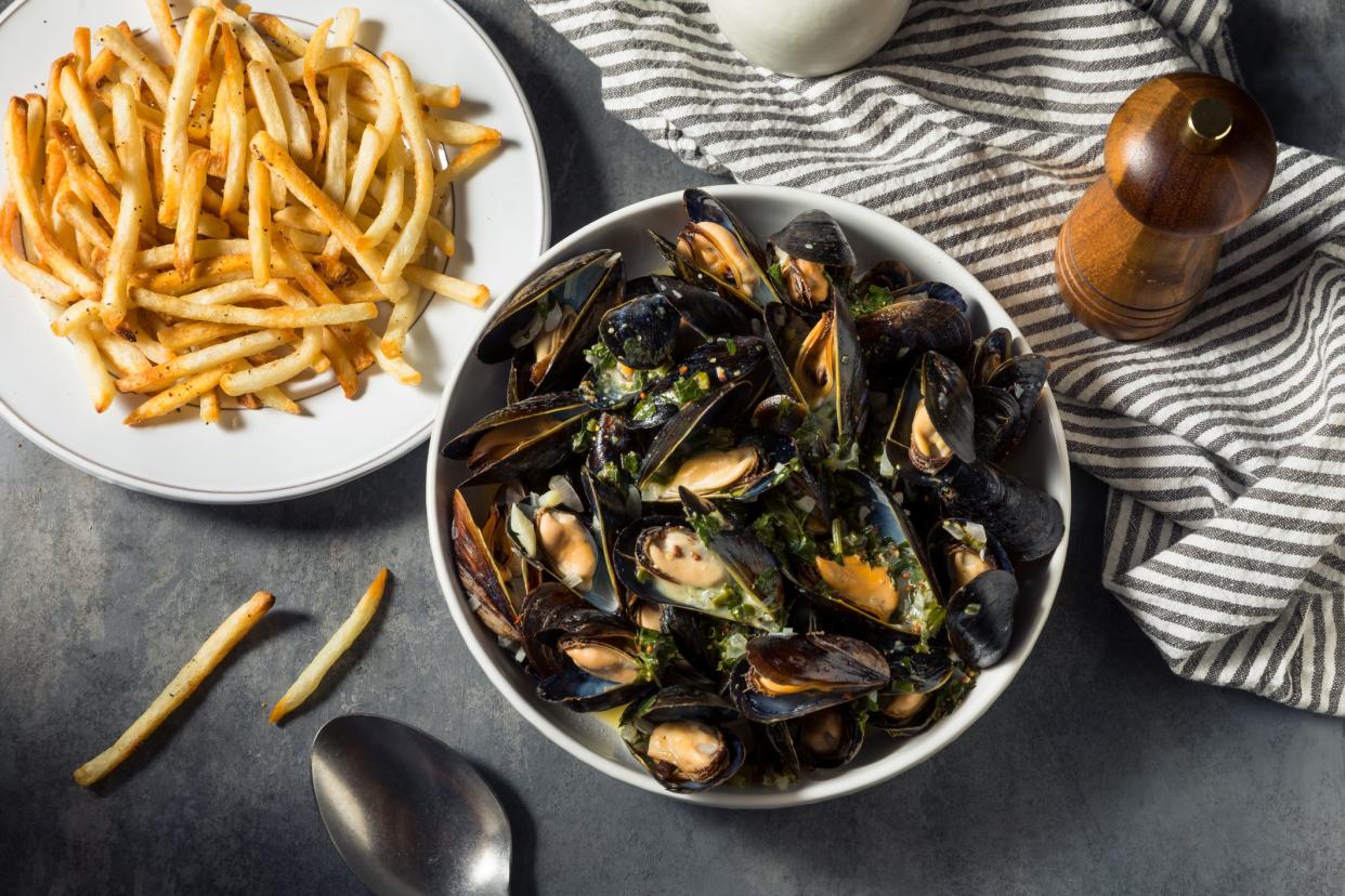 Homemade Moules Frites Mussels and Fries with a White Wine Sauce