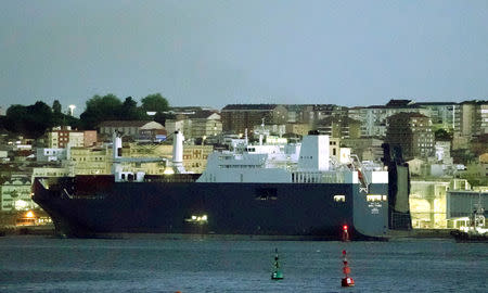 FILE PHOTO: Saudi Arabian cargo ship Bahri-Yanbu enters the port of Santander, Spain, after a human rights group sought to block the loading of a weapons cargo in Le Havre on humanitarian grounds, arguing the arms could be used against civilians in Yemen, May 13, 2019. REUTERS/Vincent West/File Photo