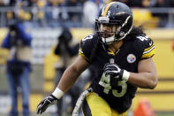 FILE - In this Nov. 10, 2013, file photo, Pittsburgh Steelers' Troy Polamalu follows the action during the second half of an NFL football game against the Buffalo Bills in Pittsburgh. Polamalu has carved his own unique path to the Hall of Fame. (AP Photo/Gene J. Puskar, File)