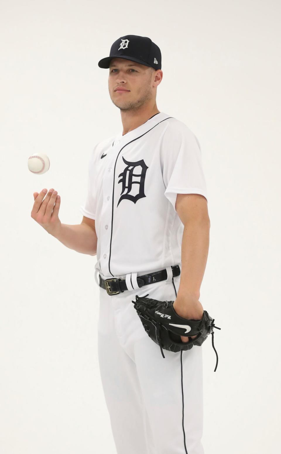 Detroit Tigers pitcher Matt Manning poses for team individual shots during photo day in Lakeland, Florida, on Friday, Feb. 24, 2023.
