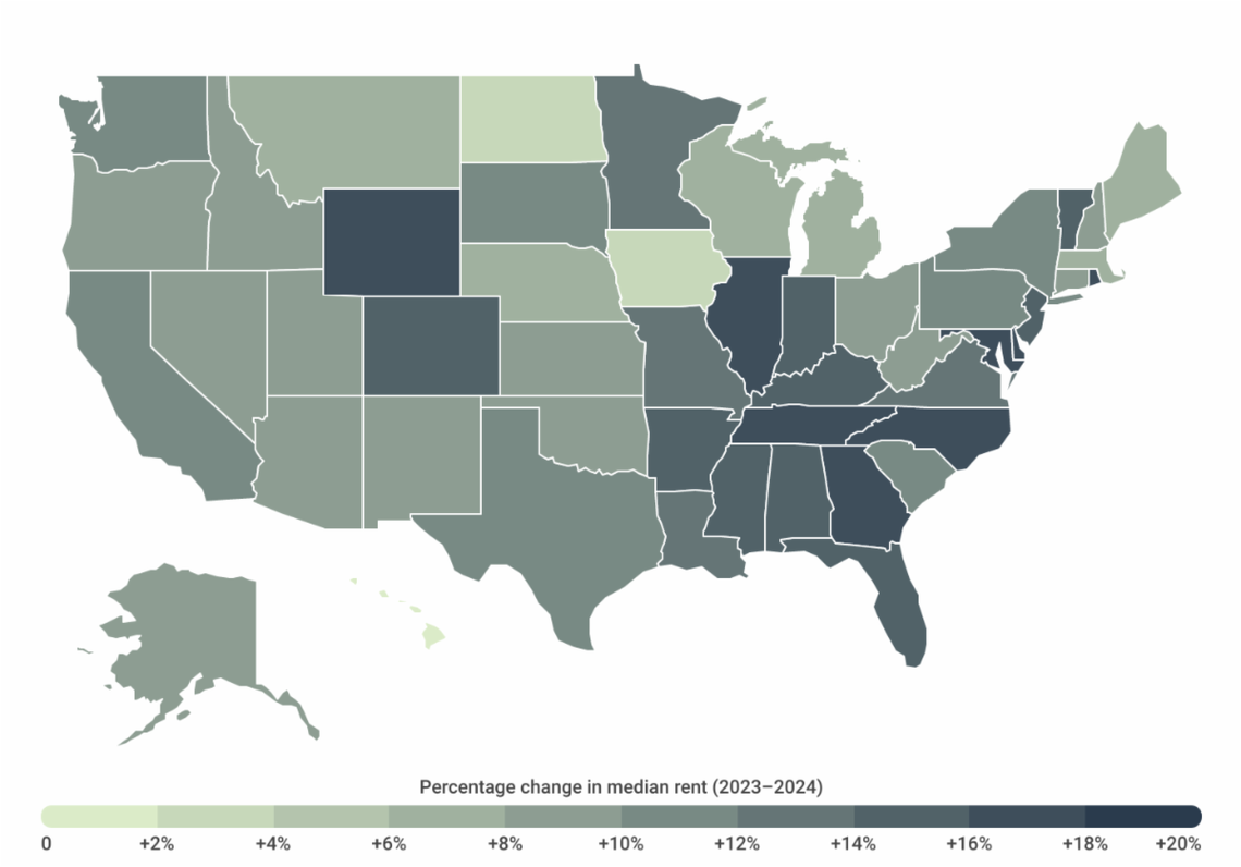 A graphic map of the United States shows the percentage change in median rent in each state from 2023 to 2024. Construction Coverage/Courtesy to The Bellingham Herald