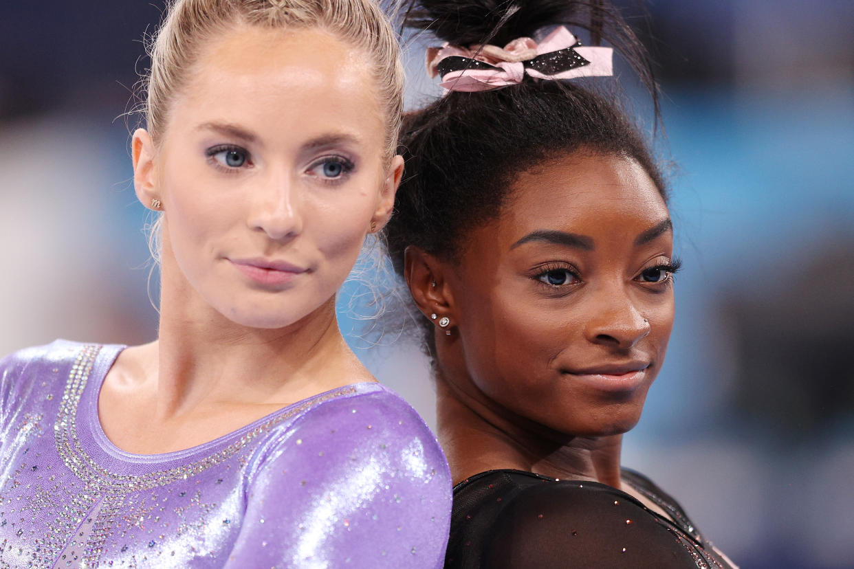 TOKYO, JAPAN - JULY 22: Mykayla Skinner and Simone Biles of Team United States pose for a photo during Women's Podium Training ahead of the Tokyo 2020 Olympic Games at Ariake Gymnastics Centre on July 22, 2021 in Tokyo, Japan. (Photo by Patrick Smith/Getty Images)