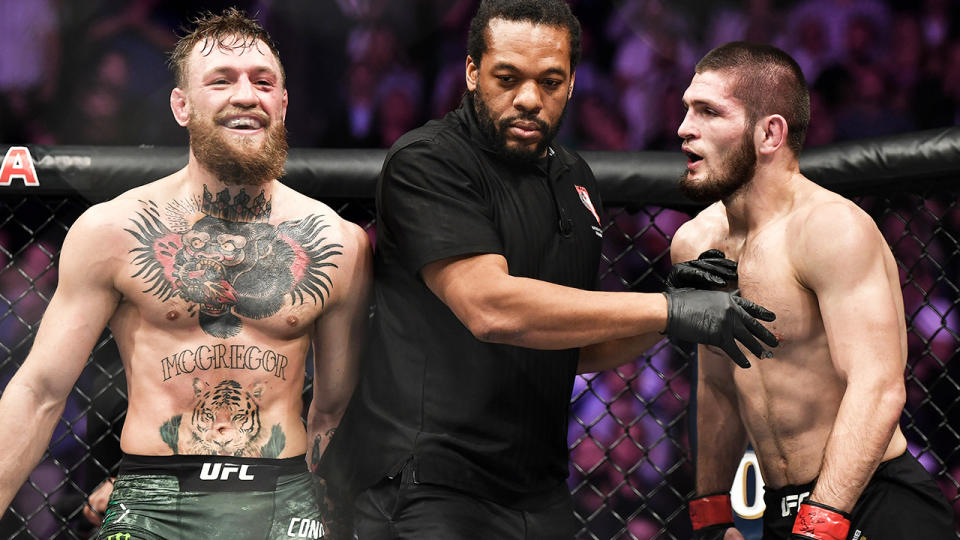 Conor McGregor and Khabib Nurmagomedov, pictured here during their fight at UFC 229 in 2018.