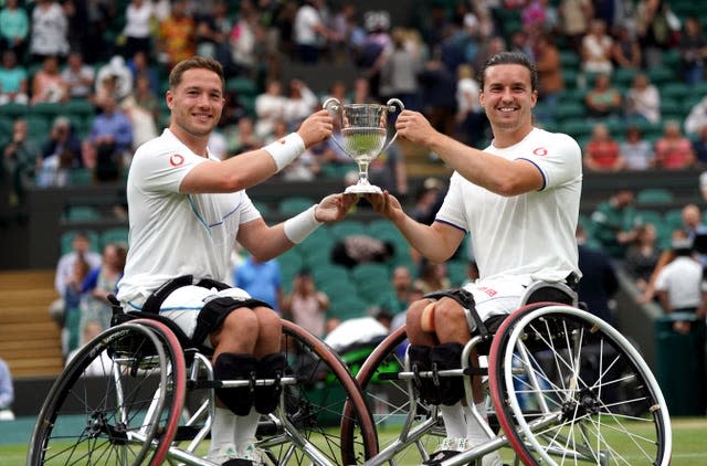 Alfie Hewett, left, and Gordon Reid celebrate winning last year's Wimbledon men's wheelchair doubles