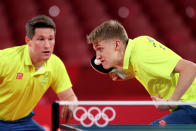 <p>Anton Kaellberg (R) and Kristian Karlsson of Team Sweden in action during their Men's Team Round of 16 table tennis match on day ten of the Tokyo 2020 Olympic Games at Tokyo Metropolitan Gymnasium on August 02, 2021 in Tokyo, Japan. (Photo by Jamie Squire/Getty Images)</p> 