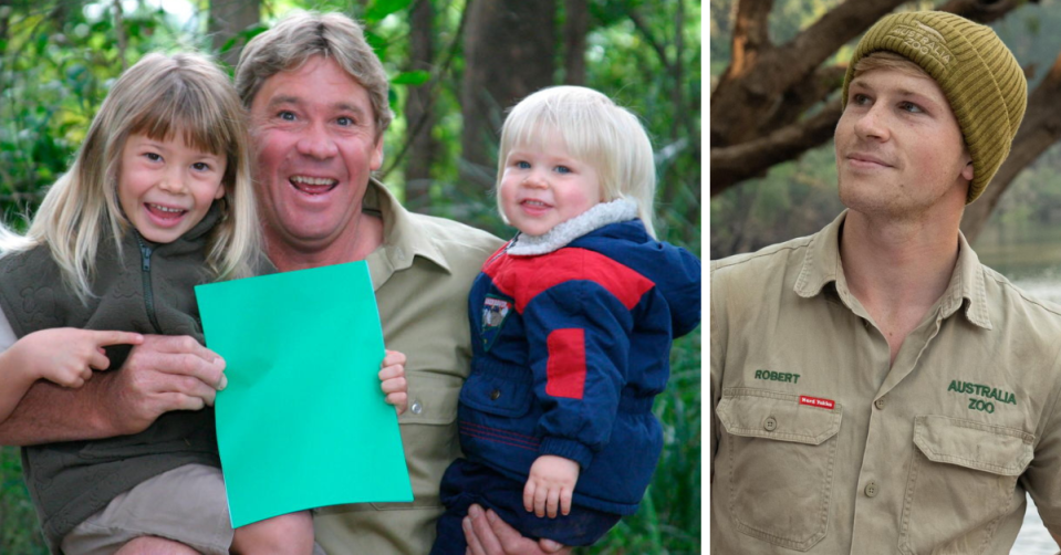 Steve Irwin with kids Bindi and Robert, and Robert Irwin in beanie 