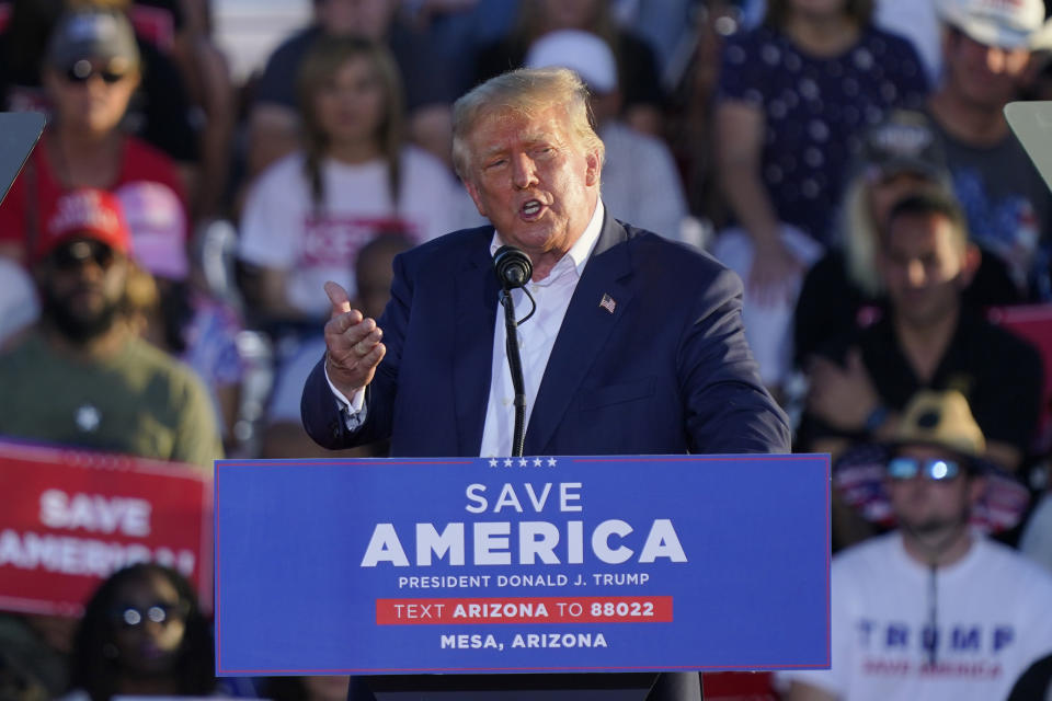 FILE - Former President Donald Trump speaks at a rally, Sunday, Oct. 9, 2022, in Mesa, Ariz. The Justice Department asked a federal appeals court on Friday, Oct. 14, to overturn a judge's appointment of an independent arbiter to review documents seized during an FBI search of former President Donald Trump's Florida estate. (AP Photo/Matt York, File)