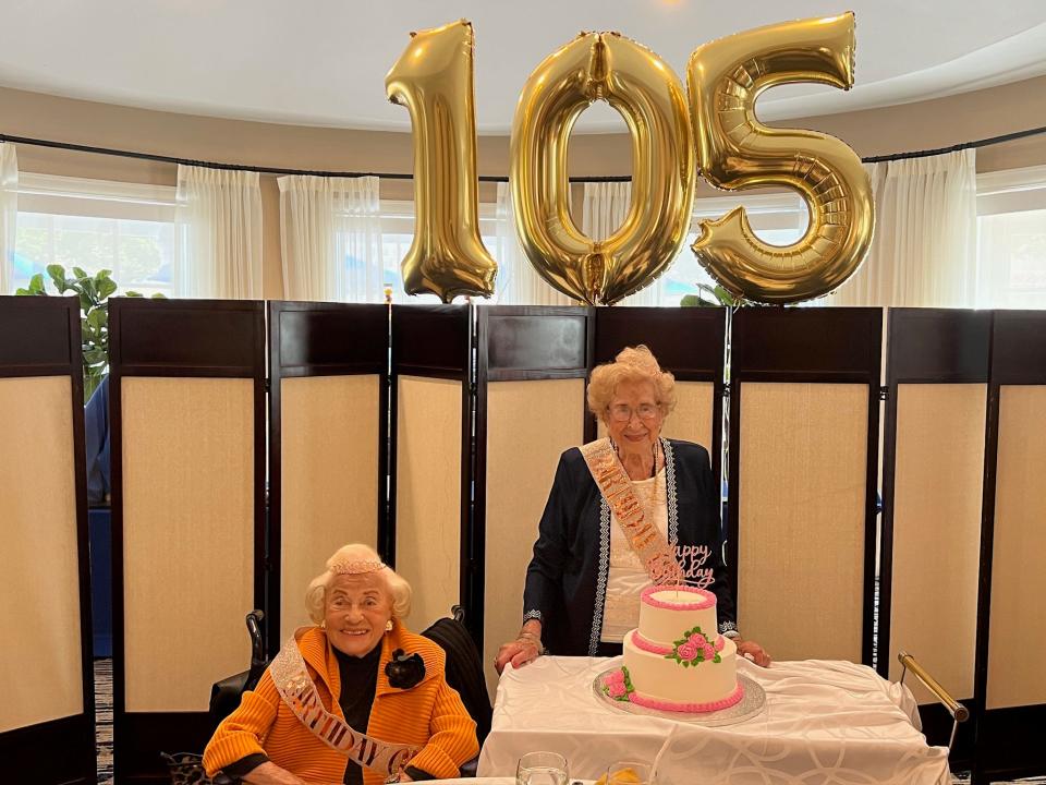 Frieda "Fritzi" Siegel, left, and Mildred "Millie" Dien, right, celebrate their 105th birthdays at the Toby & Leon Cooperman Sinai Residences in Boca Raton on Tuesday, March 5, 2024.