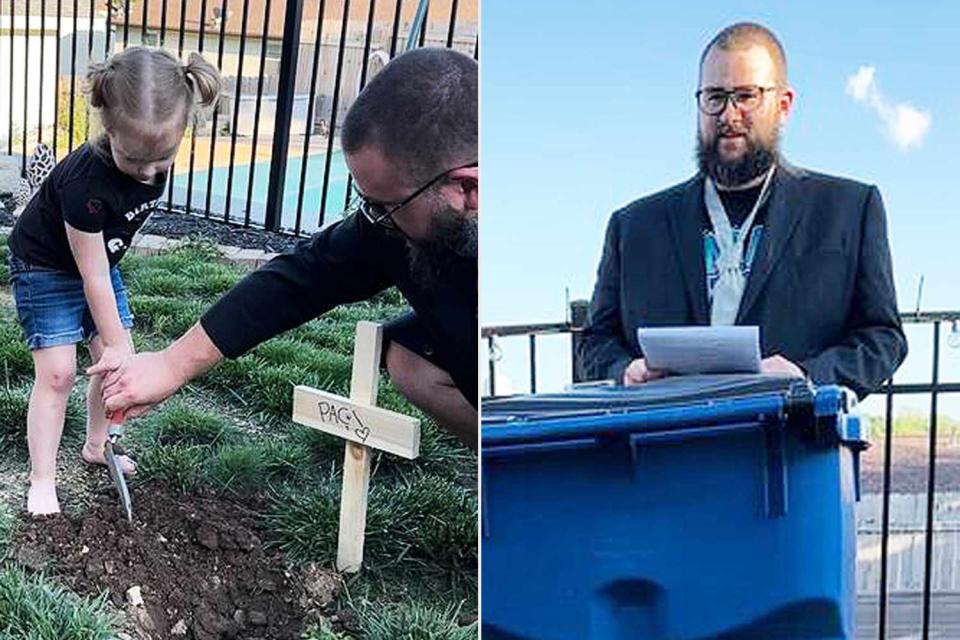 <p>Courtesy of Courtney Bishop</p> Jake Bishop throws daughter Hazel pacifier funeral.