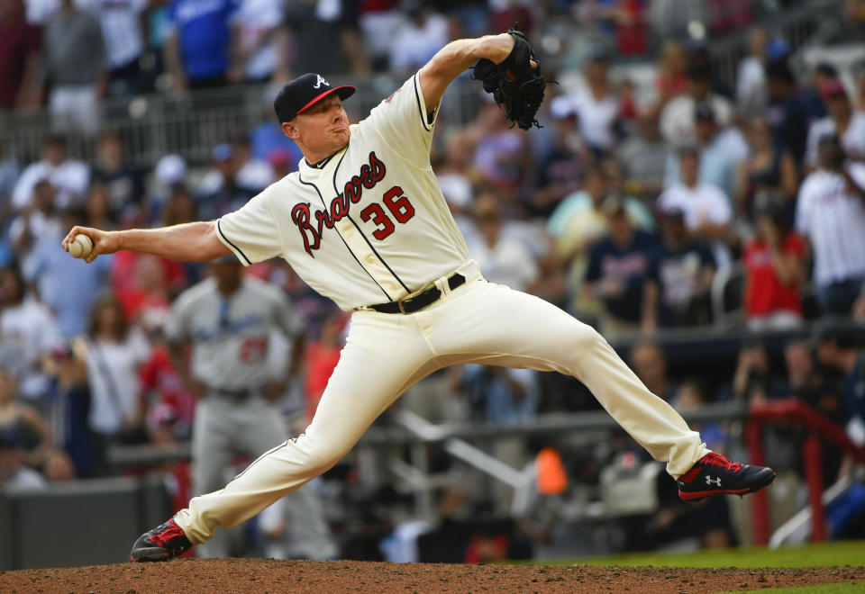Atlanta Braves' Mark Melancon pitches against the Los Angeles Dodgers during the ninth inning of a baseball game Sunday, Aug. 18, 2019, in Atlanta. The Braves won 5-3. (AP Photo/John Amis)