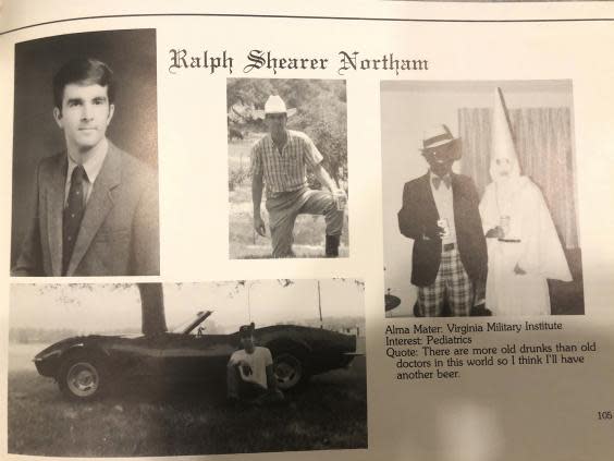 The page shows a picture, at right, of a person in blackface and another wearing a Ku Klux Klan hood next to different pictures of the governor. (AP)