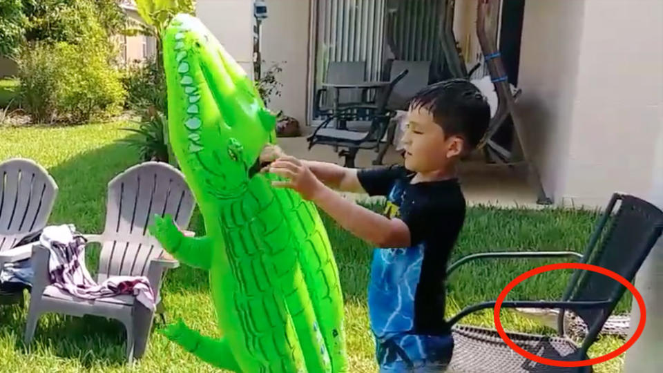 An alligator watches a boy play on a slip and slide. Source: Facebook/Nicole Mojica